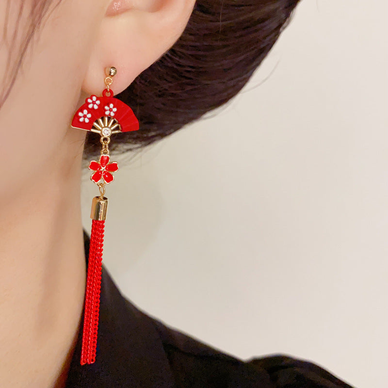 14K Gold-Plated Red Petal Folding Fan Tassel Earrings - Elegant & Chic