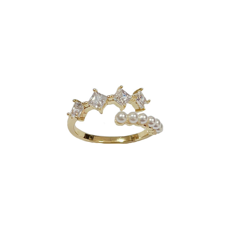 14K Gold-Plated Micro-Set Star & Pearl Open Ring - Minimalist Design