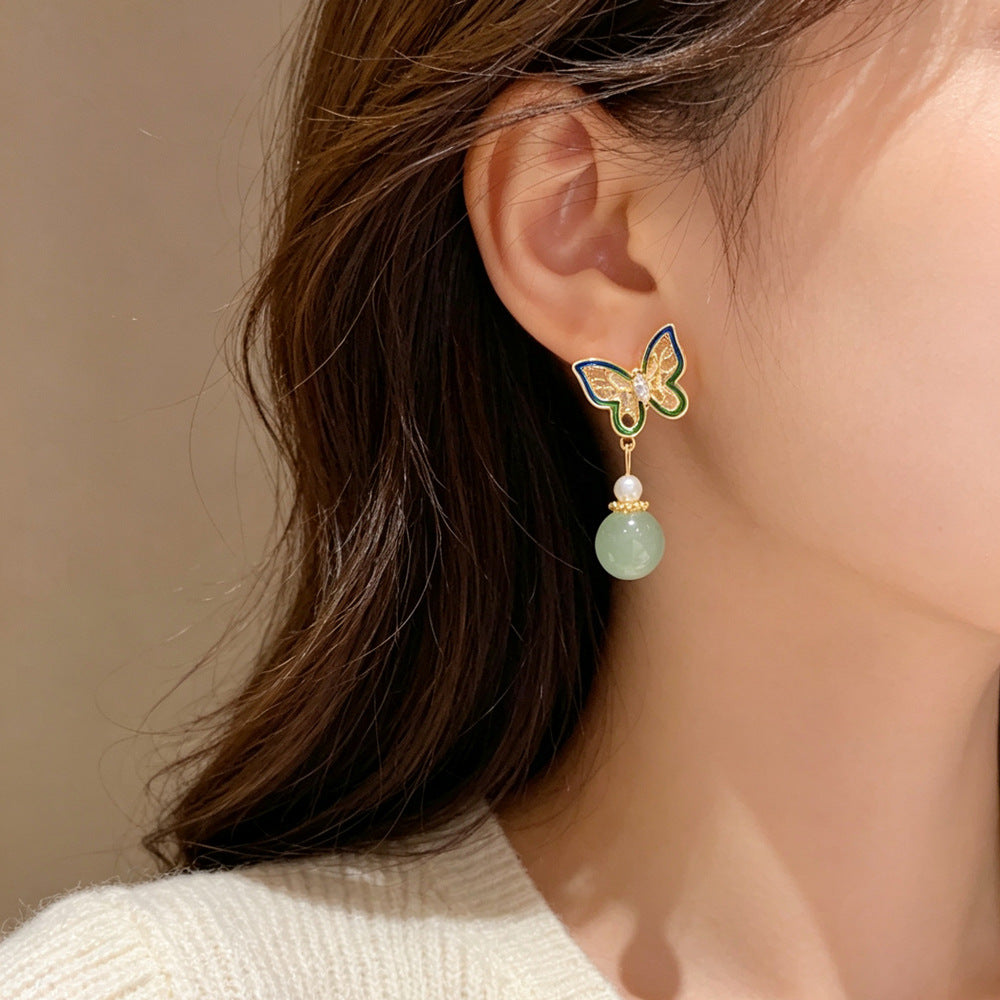 Eaioncol Enamel Butterfly Bead Tassel Drop Earrings Gold