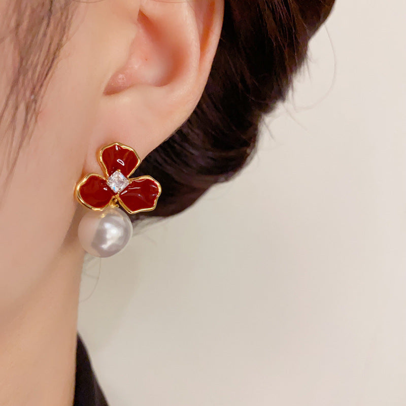 14KGold-Plated Red Oil Drop 3Leaf Flower Pearl Earrings-Elegant Design