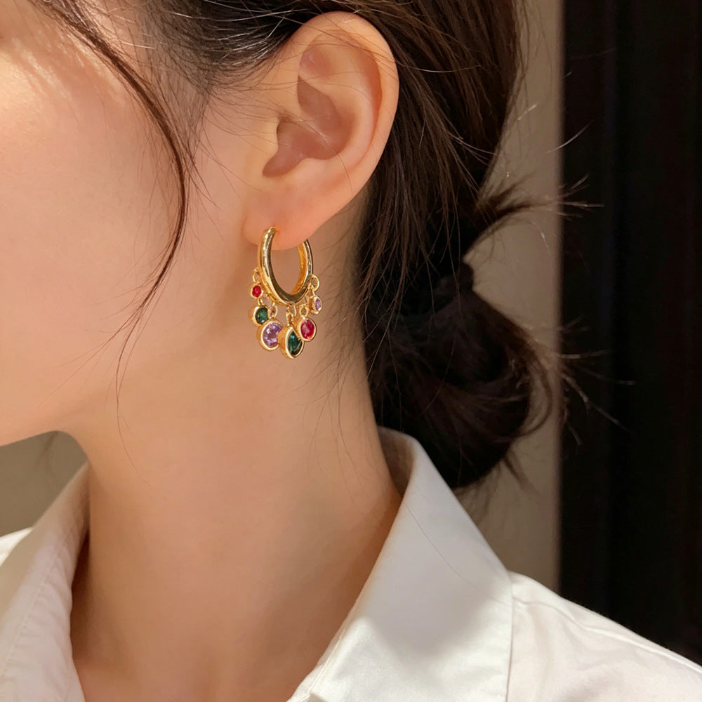 Eaioncol Colorful CZ Tassel Hoop Earrings Gold