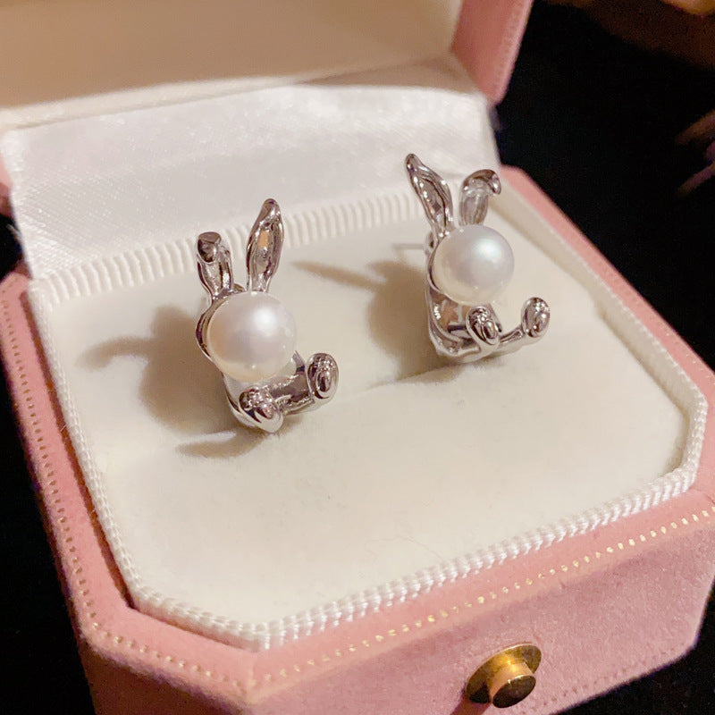 S925 Rabbit Pearl Earrings - Zodiac-Inspired Chic Studs