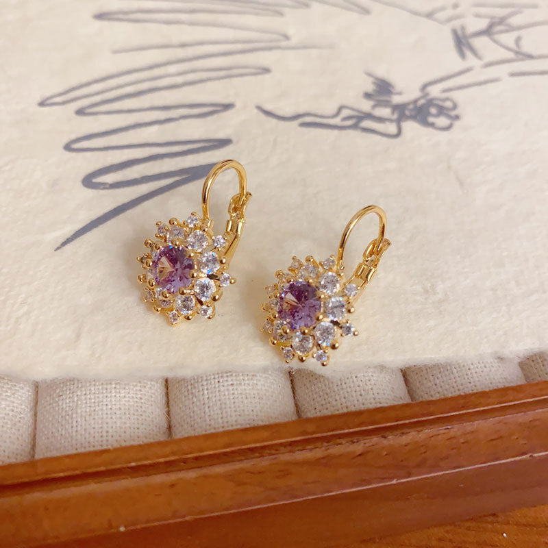 Elegant Zircon Purple Petal Hoop Earrings – Minimalist Floral Design