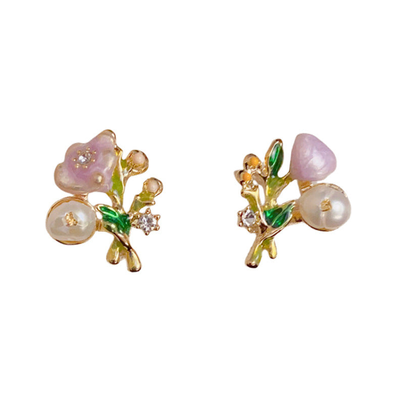 Enamel Pearl Flower Bouquet Asymmetric Gold Earrings – Elegant Design
