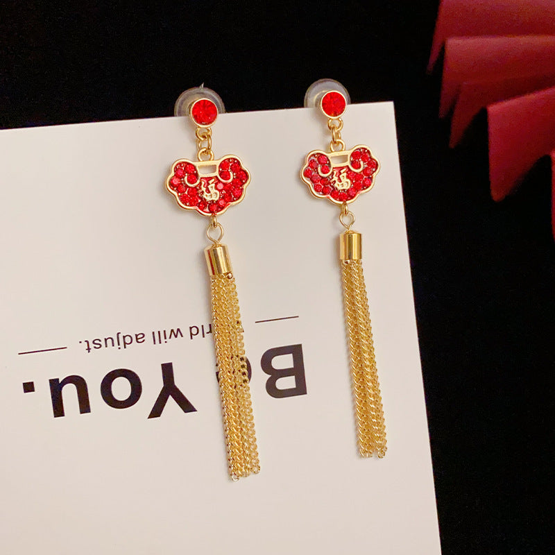 14K Gold-Plated Full Diamond Peace Lock Tassel Earrings -Chinese Style