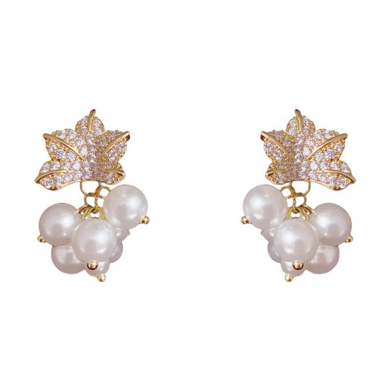 Eaioncol Leaf Pearl CZ Drop Earrings Gold Silver