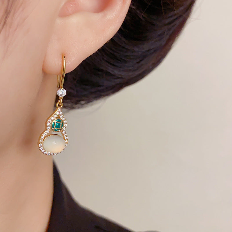 Elegant Full-Zircon Gourd Tassel Drop Earrings – Auspicious Design