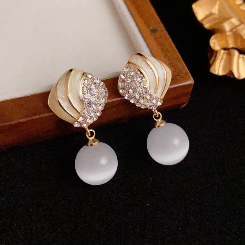 Luxury Zircon & Cat Eye Geometric Drop Gold Earrings – Elegant Design