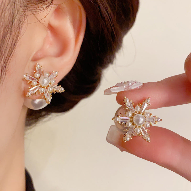 14K Gold-Plated Pearl & Zircon Snowflake Front&Back Earrings -Elegance