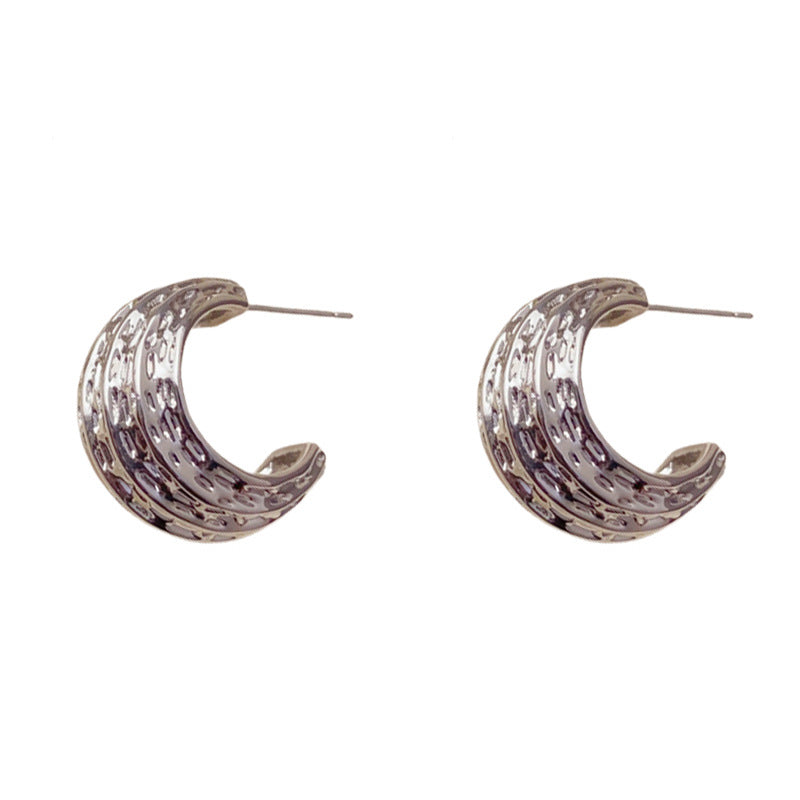 Elegant Textured Metal C-Hoop Earrings – French Retro Design