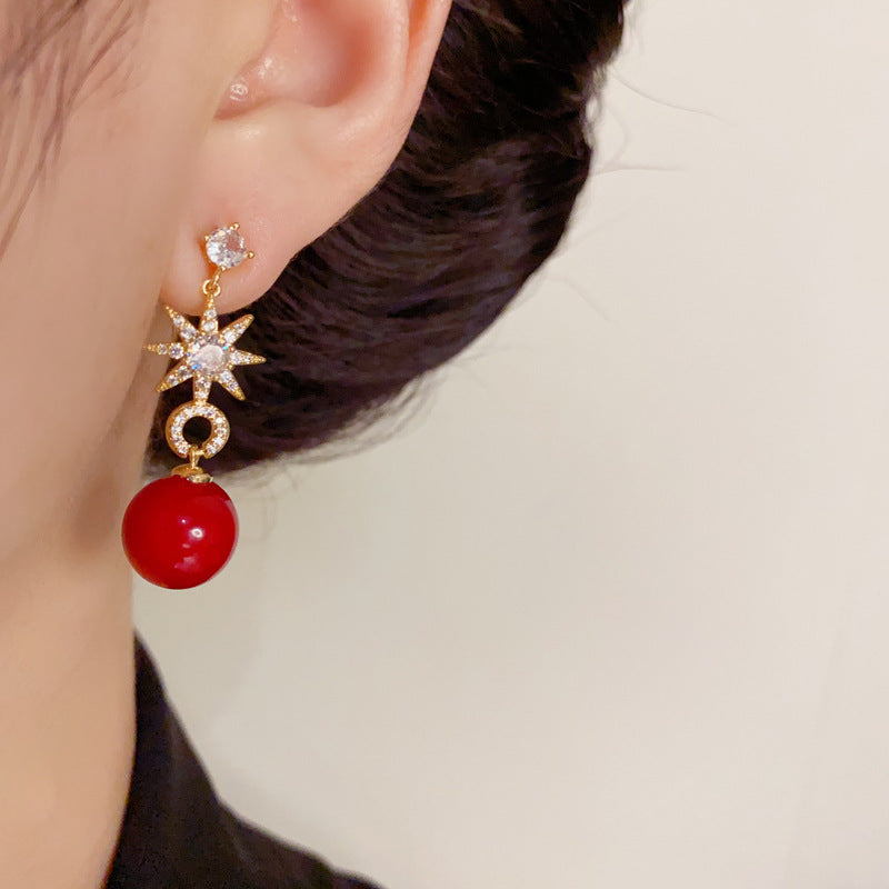 14K Gold-Plated Eight-Point Star Red Pearl Earrings - Elegant Design