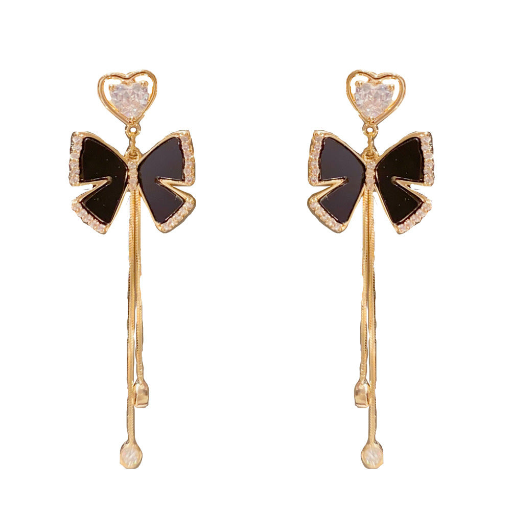 Eaioncol CZ Heart Black Butterfly Tassel Earrings 14K Gold Plated