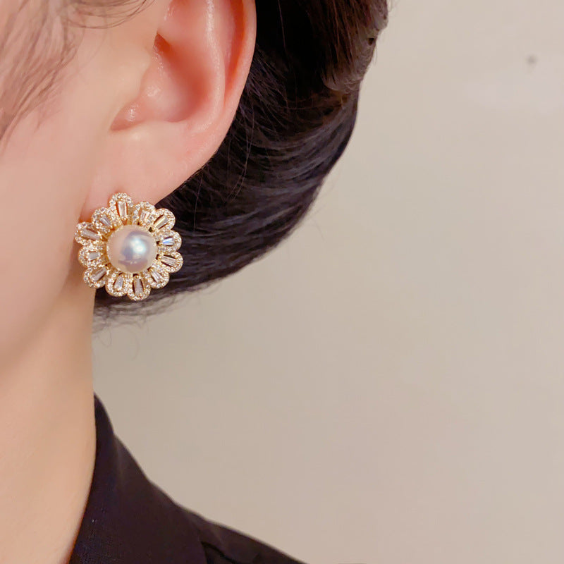 Gold Pavé Petal Pearl Earrings – 925 Silver Post for Sensitive Ears