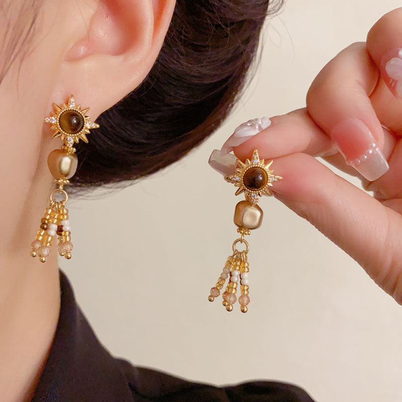 Luxury Sunflower Tiger's Eye Pearl Tassel Earrings – Floral Design