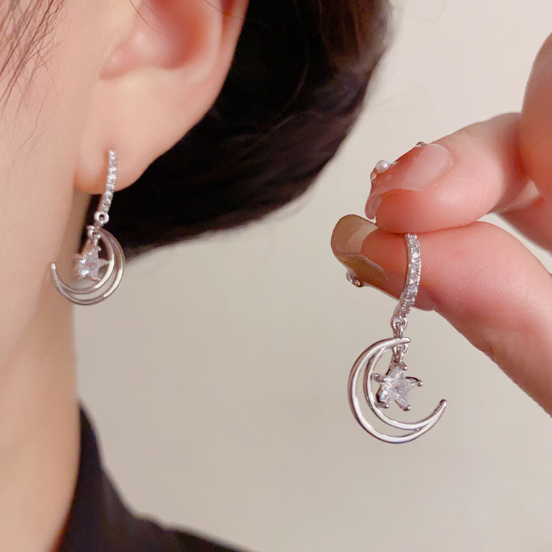 Elegant Zircon Star Moon Drop Earrings – Minimalist Design