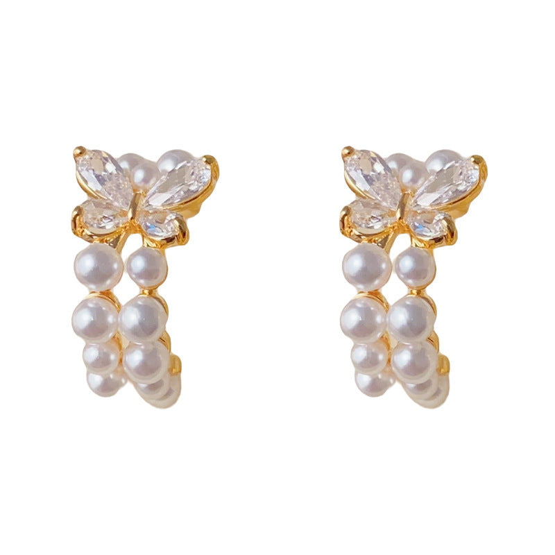 Elegant Zircon Butterfly Pearl C-Hoop Earrings – Gentle French Design