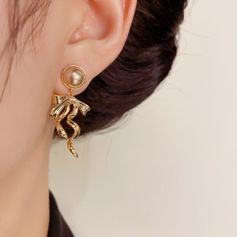 14K Gold-Plated Pearl Metal Bow Tassel Earrings - Luxury Minimalist