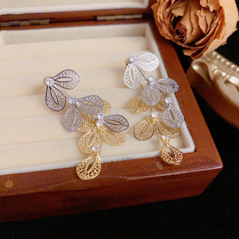 Chic Gold-Silver Leaf Tassel Front-Back Drop Earrings – Elegant Design