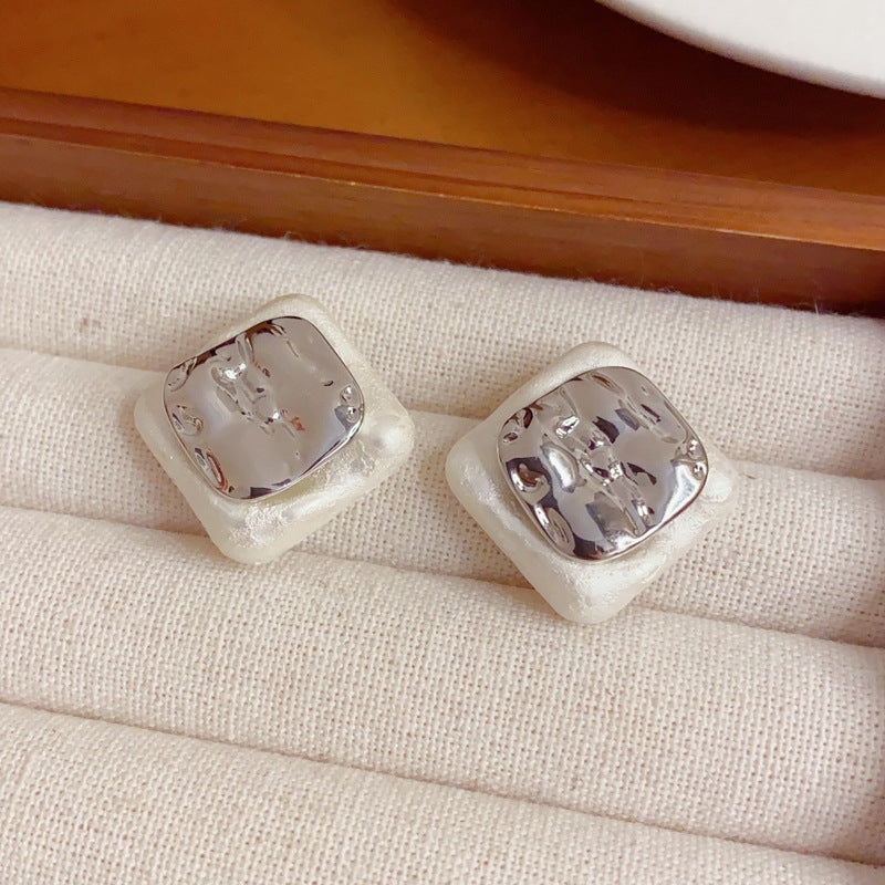 Elegant Metal Square Cotton Ball Stud Earrings – Geometric Design