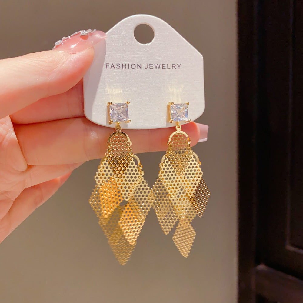 Eaioncol Openwork Rhombus Tassel Drop Earrings 14K Gold Plated