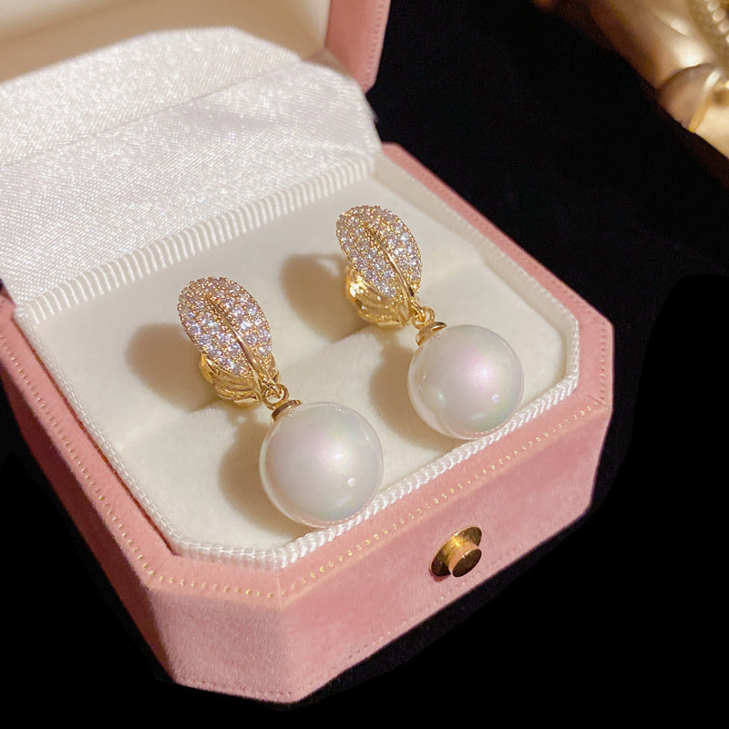 14K Gold-Plated Zircon Leaf Pearl Earrings - Elegant Sided Design