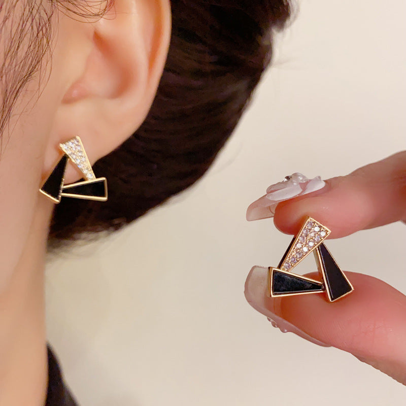 14K Gold-Plated Zircon Geo Triangle Stud Earrings - Minimalist Design