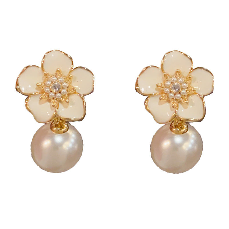 Eaioncol Floral Petal Pearl Drop Earrings Pink