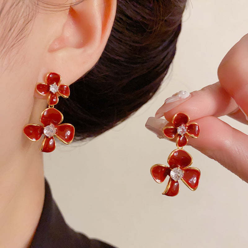 Luxury Enamel Double Petal Tassel Drop Earrings – Floral Design