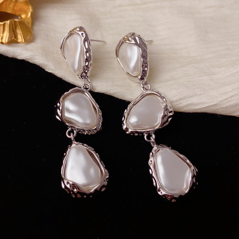 Elegant Irregular Pearl Long Tassel Earrings – Geometric Design
