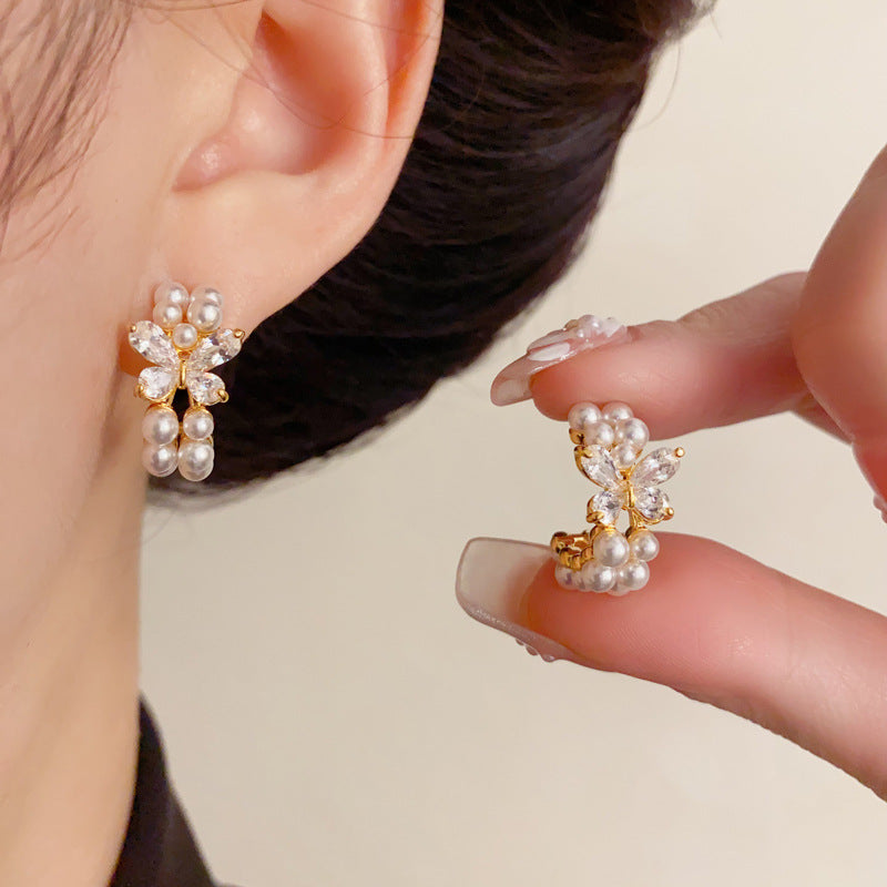 Elegant Zircon Butterfly Pearl C-Hoop Earrings – Gentle French Design