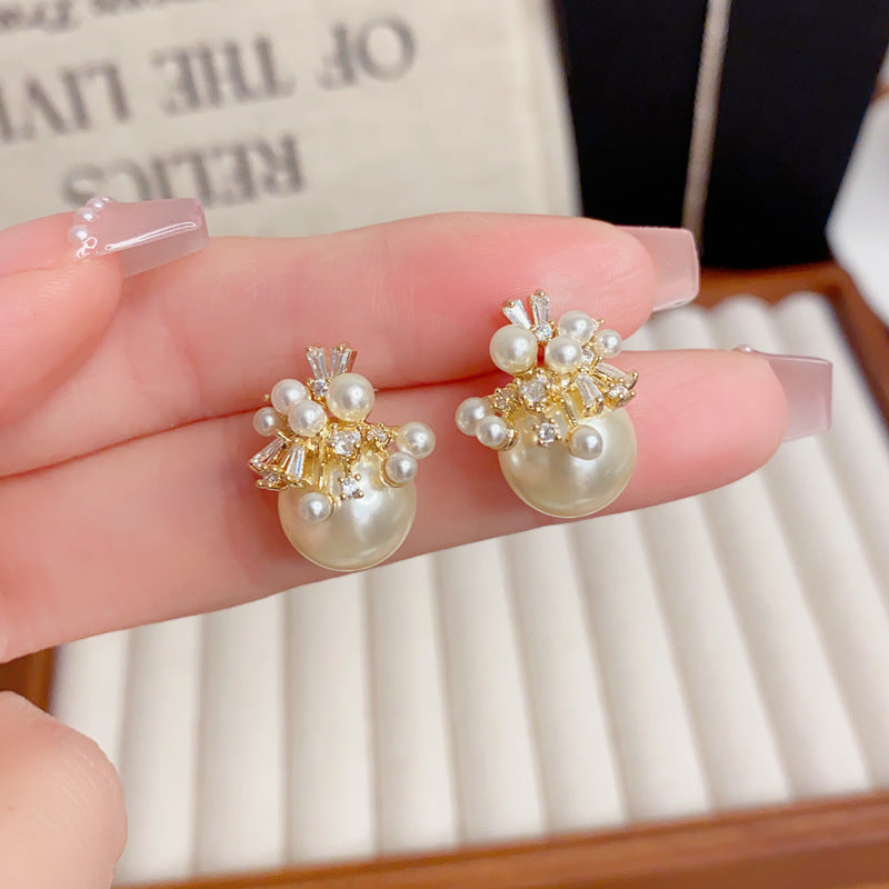 Elegant Zircon Pearl Petal Stud Earrings – French Floral Design
