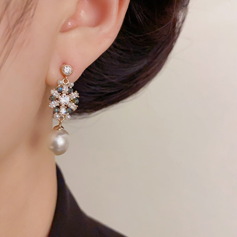 Luxury Zircon Snowflake Pearl Drop Earrings – Elegant French Design