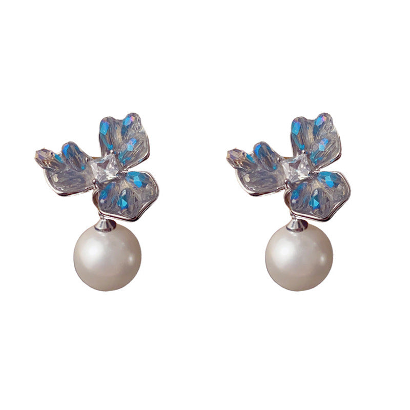 Elegant Blue Crystal 3Petal Flower Pearl Drop Earrings – Floral Design