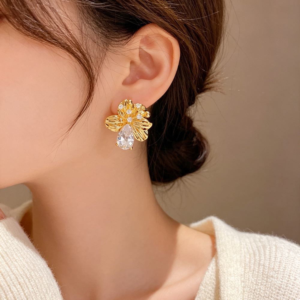 Eaioncol Floral Teardrop CZ Drop Earrings Gold Silver