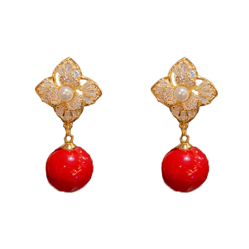 Elegant Zircon 4-Leaf Flower Red Pearl Drop Earrings – Floral Design