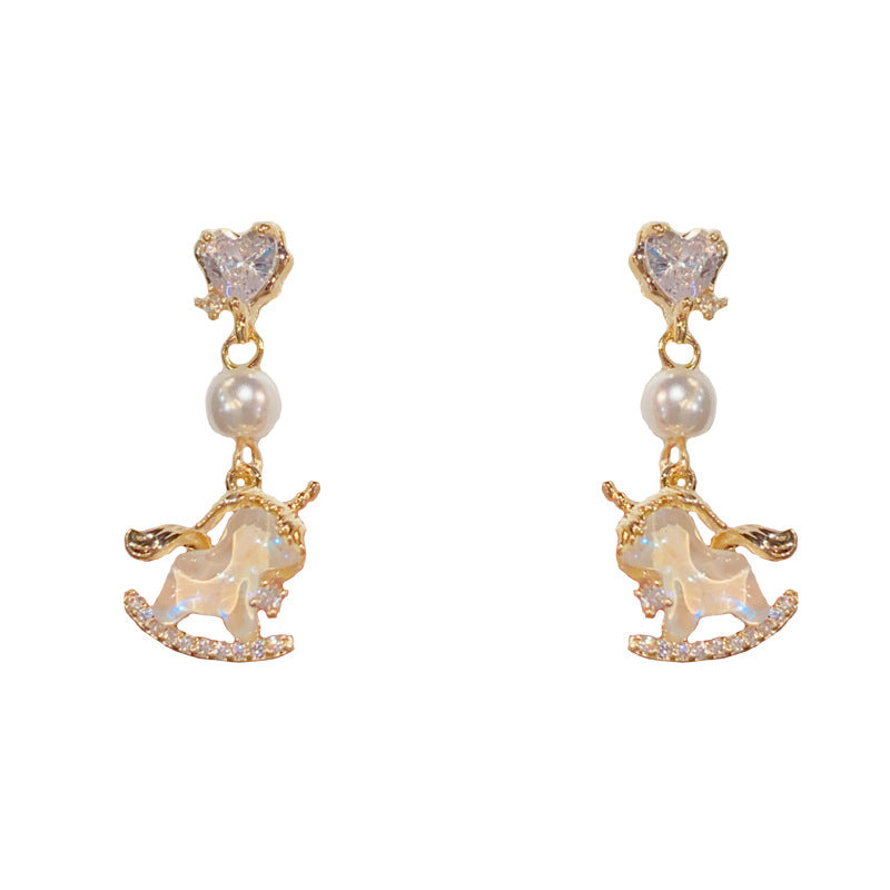 Luxury Zircon Heart Pearl Unicorn Drop Earrings – Animal Design