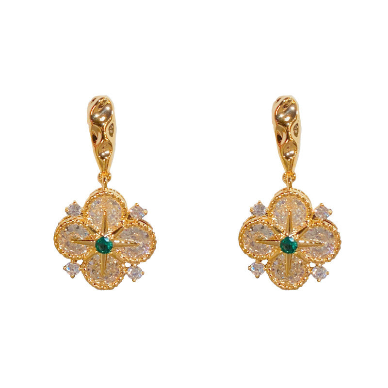 14K Gold-Plated Starburst Four-Leaf Flower Earrings - Sparkling Design