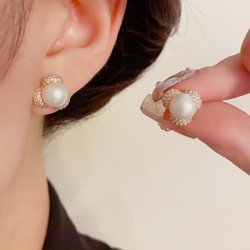 14K Gold-Plated Micro-Paved Flower Pearl Stud Earrings-Elegant Design