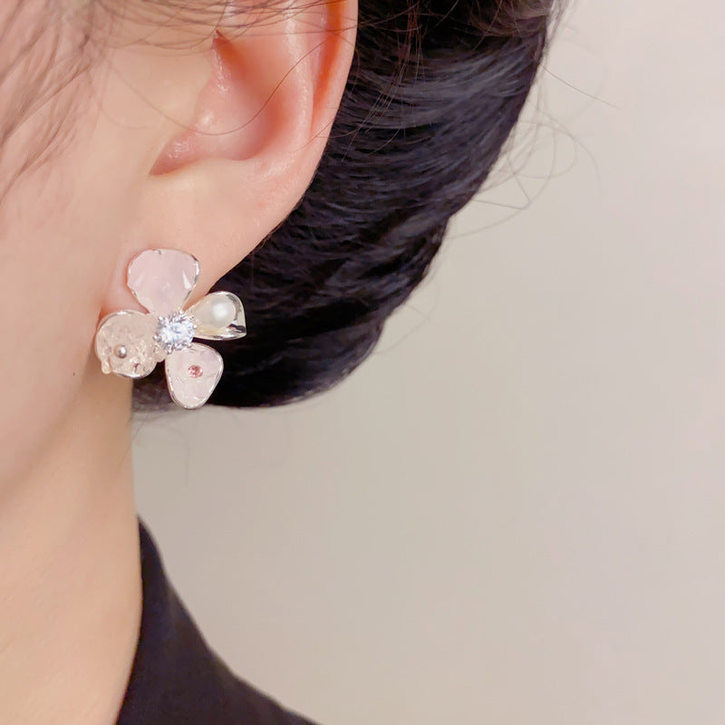 Eaioncol Crystal Freshwater Pearl Floral Stud Earrings Silver
