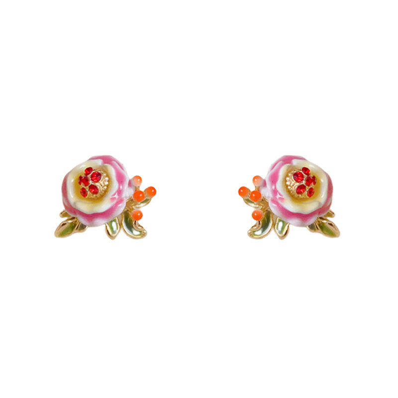 14K Gold Luxury Enamel Flower Stud Flower Earrings – Elegant Design