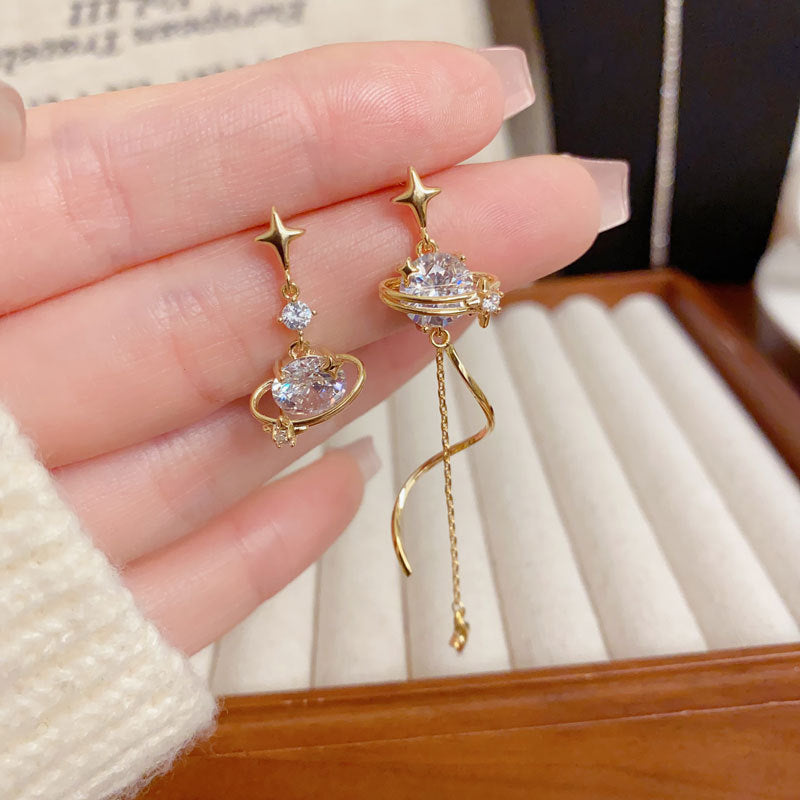 Elegant Zircon Star Planet Tassel Drop Earrings – Asymmetric Design
