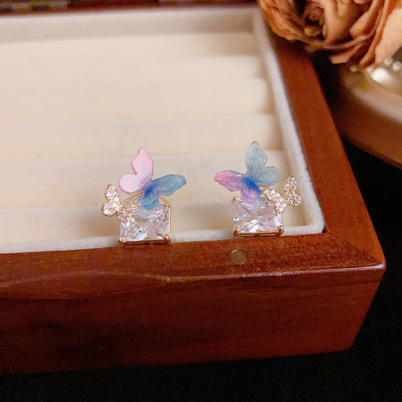 Gradient Butterfly Square Zircon Stud Earrings – S925 Silver Needle