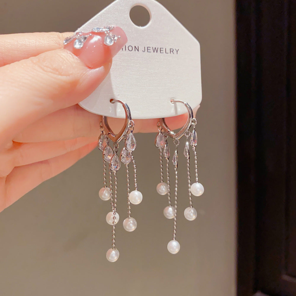 Eaioncol Teardrop Pearl Tassel CZ Earrings Gold Silver