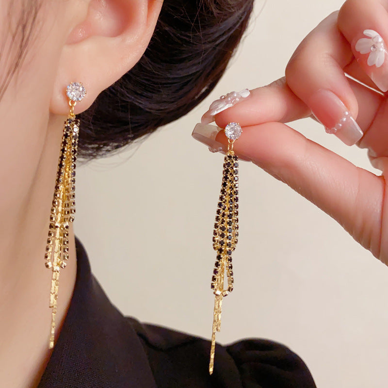 Elegant Long Zircon Tassel Drop Earrings – French Retro Design