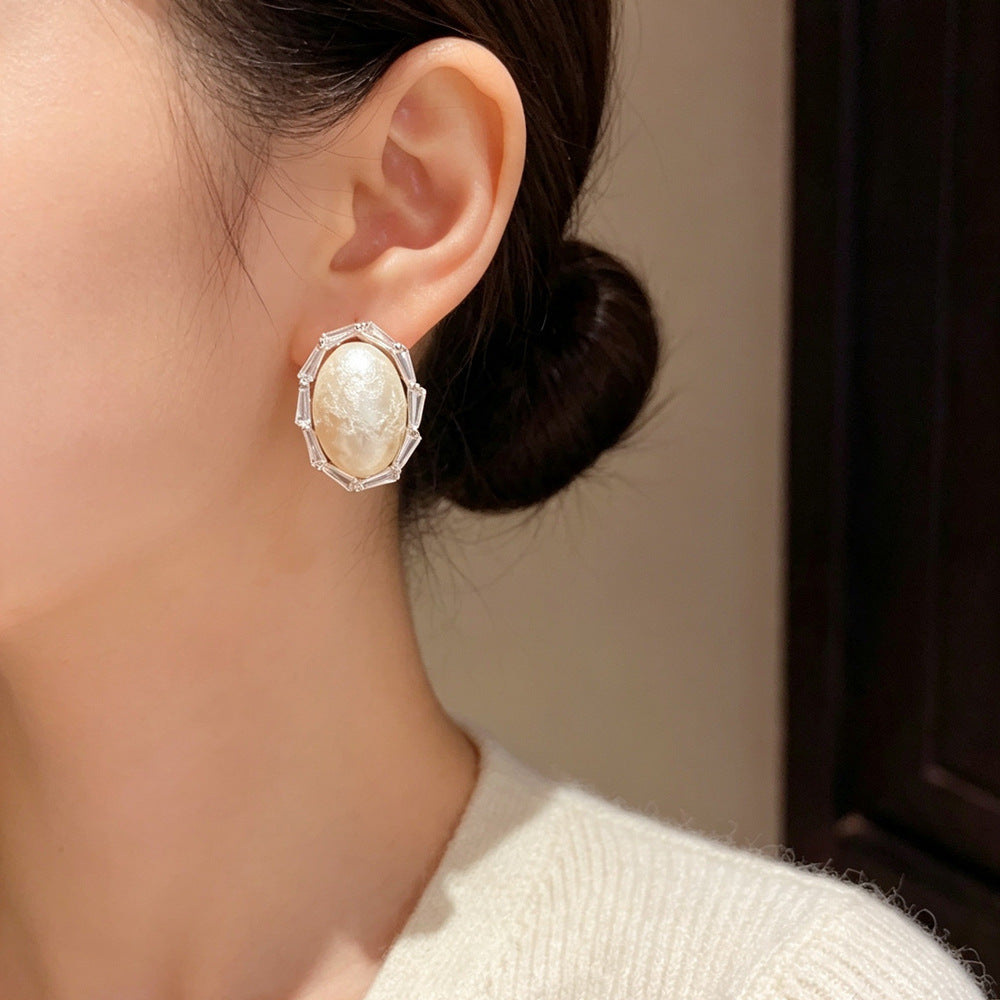 Eaioncol CZ Halo Oval Pearl Stud Earrings Gold Silver