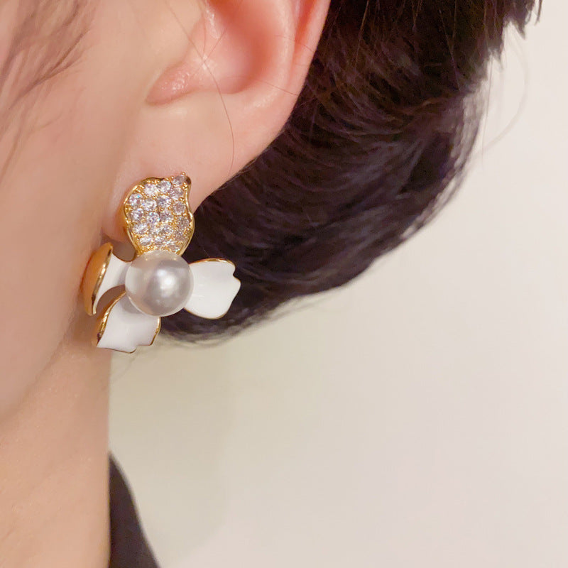 14K Gold Vintage Enamel 3D Zircon Flower Earrings – S925 Silver Needle