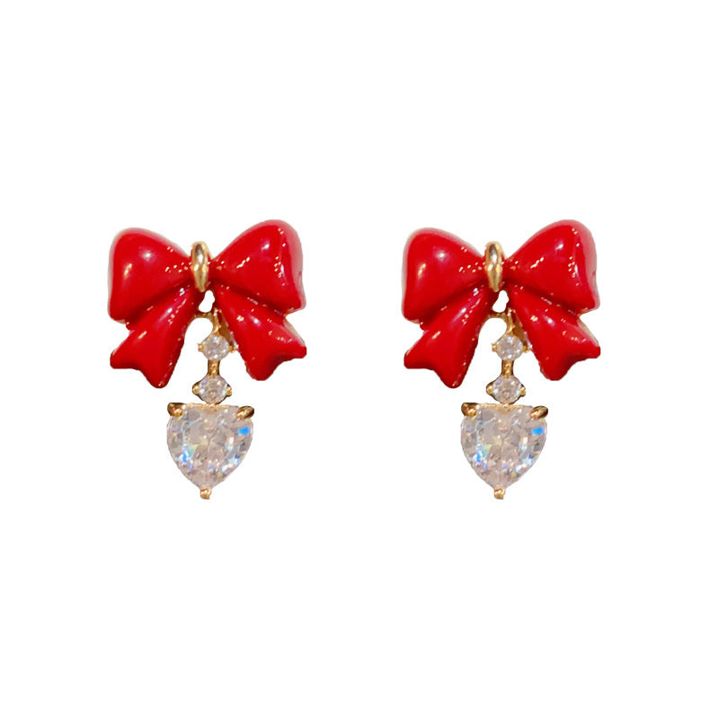 14K Gold-Plated Red Heart Earrings with Bow and Zircon - Retro Style