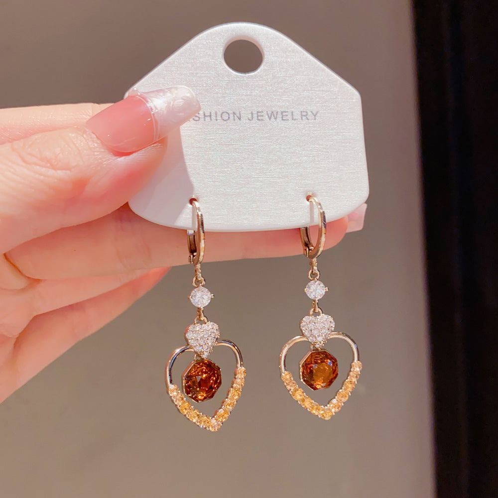 Eaioncol Coffee Gold Heart CZ Tassel Hoop Earrings