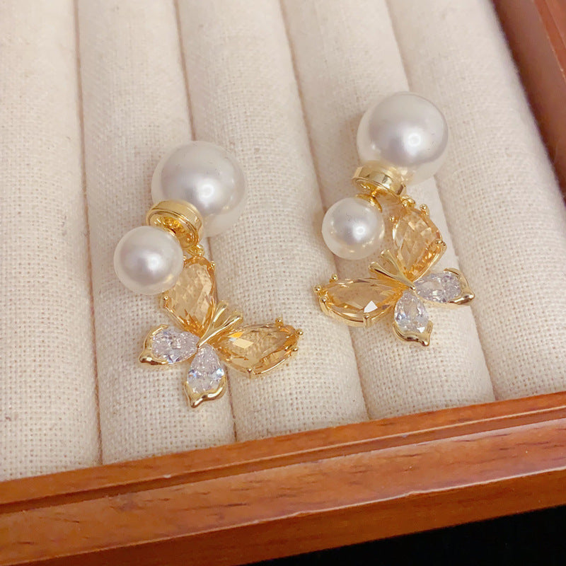 Eaioncol Two-Way Pearl Butterfly Drop Earrings Gold