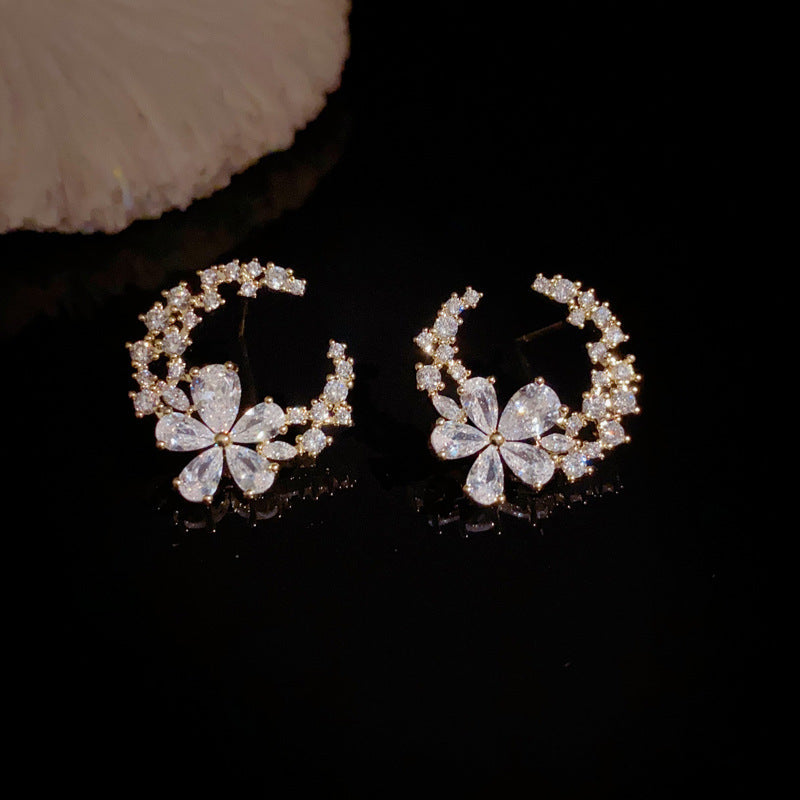 14K Gold-Plated Zircon Crescent Moon Flower Earrings – Elegant Design